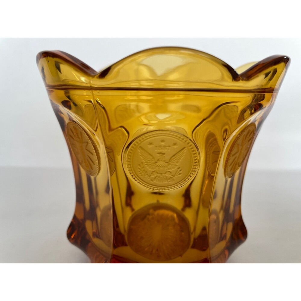 Vintage Fostoria Coin Amber Glass Lidded 1887 Candy Dish Liberty Torch Eagle USA - Picture 9 of 9